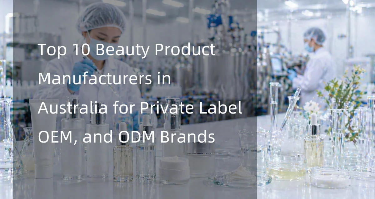 Laboratory displaying cosmetics and beauty product bottles, test tubes, and industrial equipment; text highlights top Australian private label beauty manufacturers.